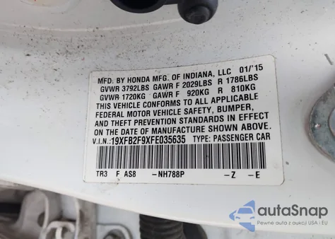 2015 Honda Civic Ex-L from USA, damaged, VIN 19XFB2F9XFE035635
